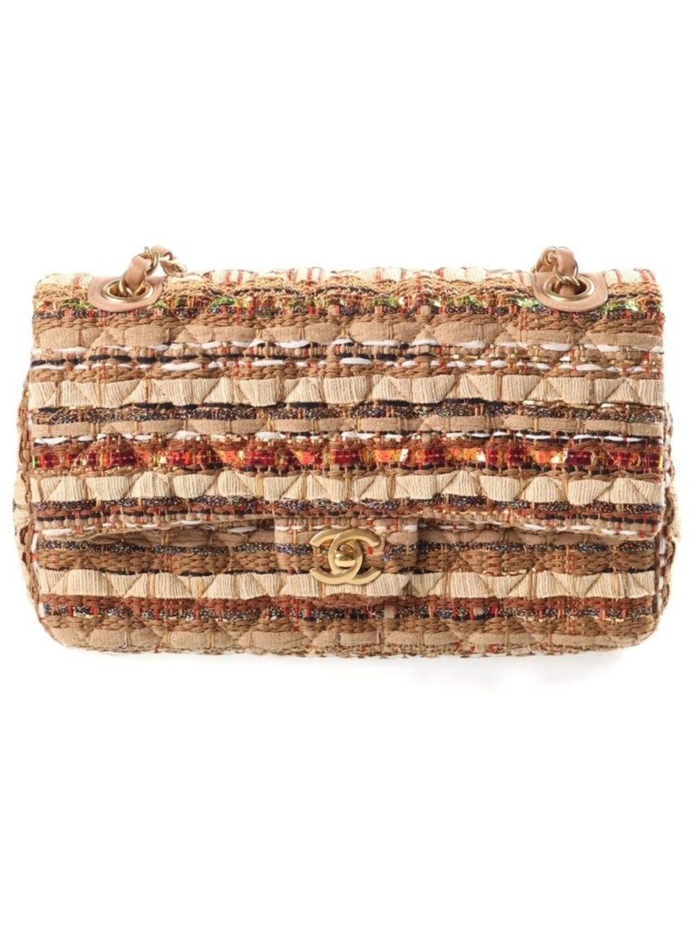 Chanel Cruise Cococuba Tweed Double Flap Chain Shoulder Bag Brown Gold